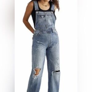 Free People Crvy Denim Overalls Sz 4 Jumpsuit Jeans Ripped Baggy One Piece